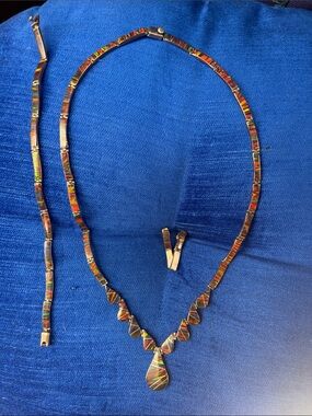 Mexican 950 Silver Opal Inlay Necklace Bracelet Earrings Set